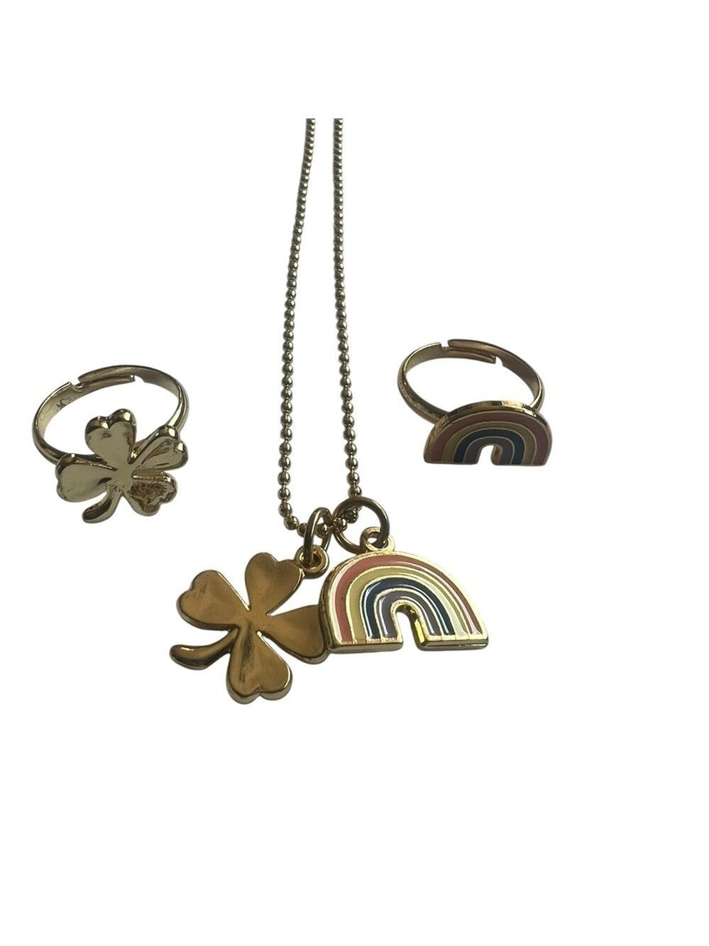 Gold Clover Rainbow Necklace Ring Jewelry Set